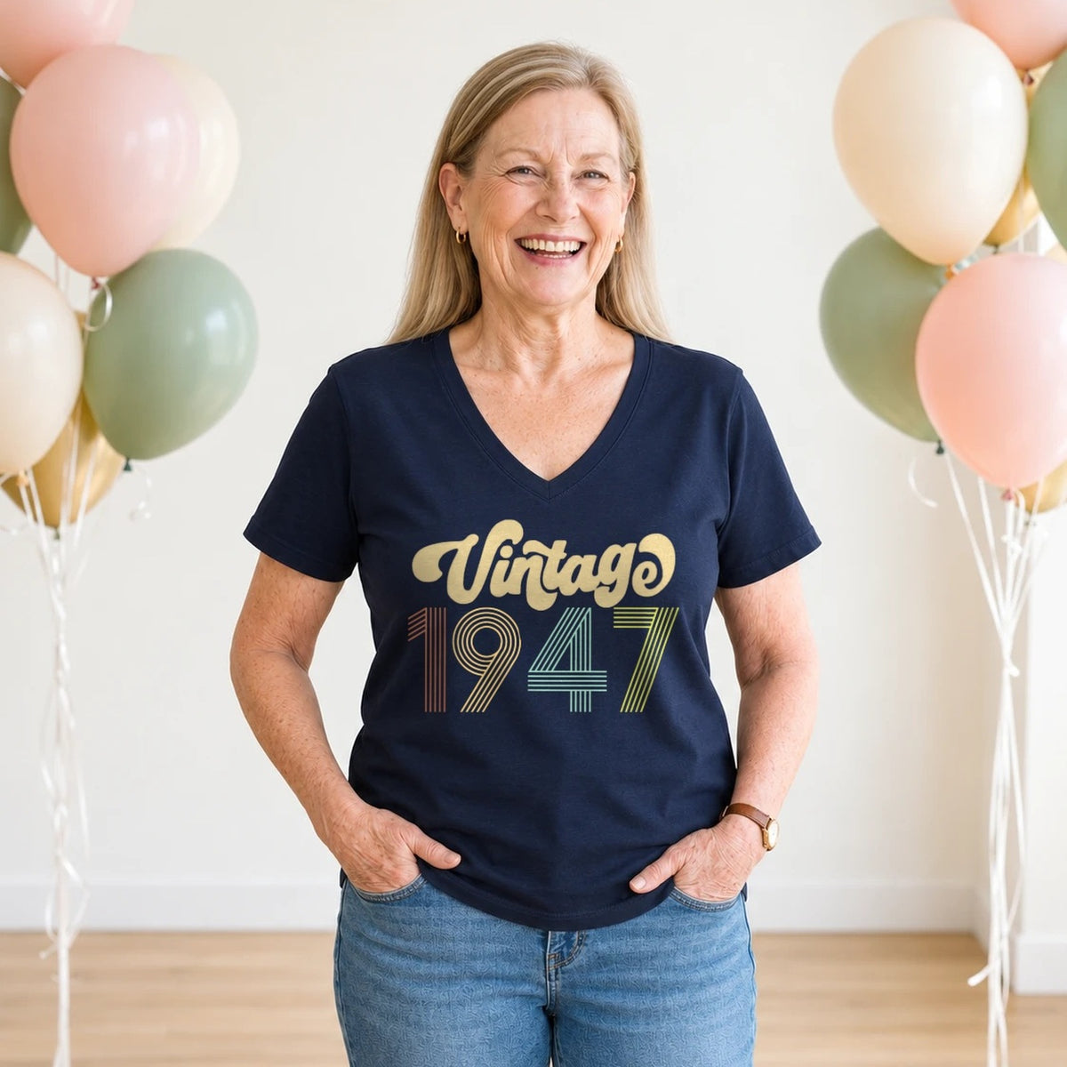 Vintage 1947 - Retro 79th Birthday T-Shirt for Women - Navy Blue V-Neck