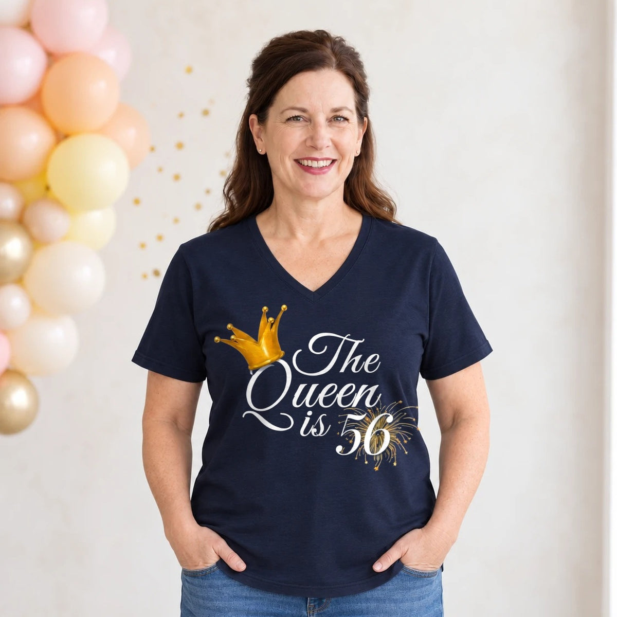 The Queen Is 56 - 56th Birthday Queen T-Shirt for Women - Navy Blue V-Neck
