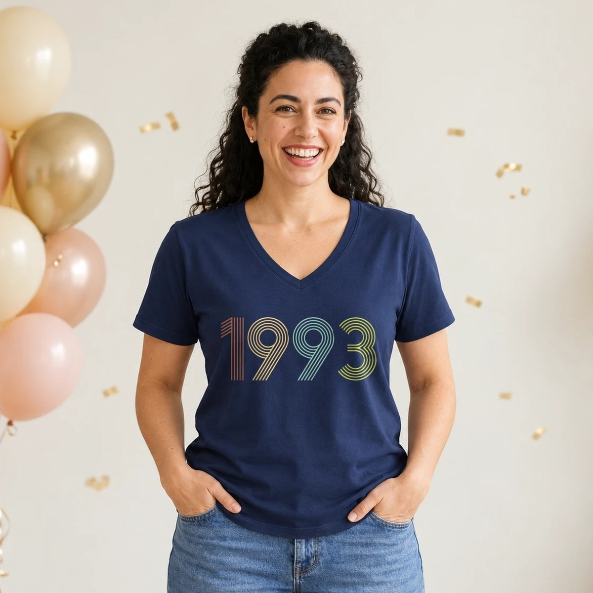 1993 Birth Year Shirt - Retro 33rd Birthday T-Shirt for Women - Navy Blue V-Neck