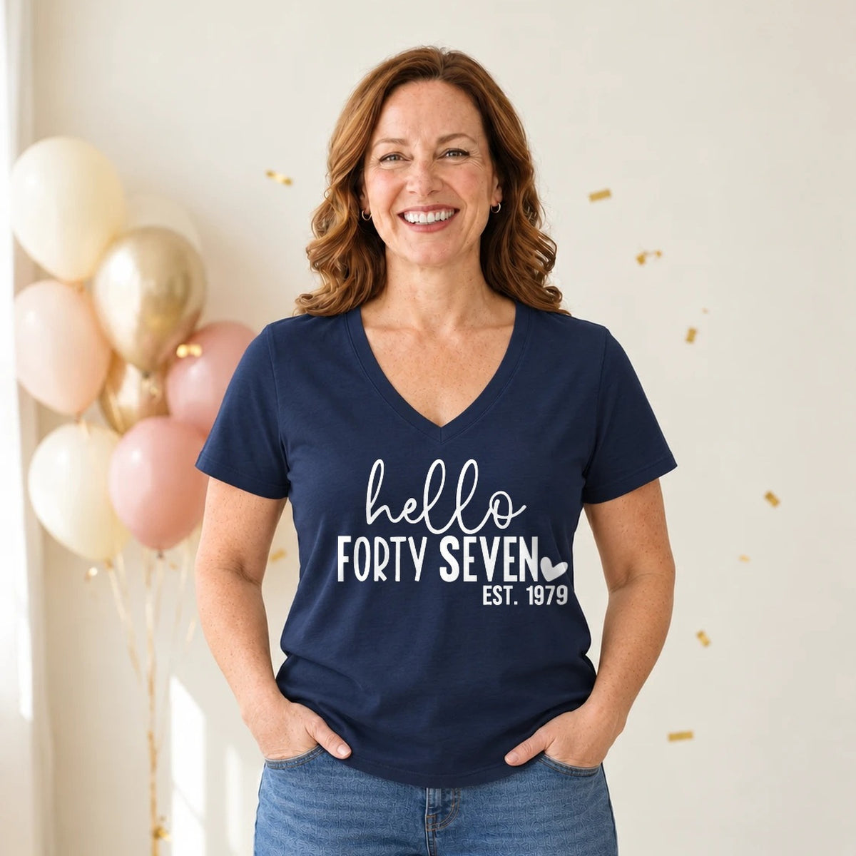 Hello Forty-Seven 47th Birthday T-Shirt for Women - Est. 1979 - Navy Blue V-Neck