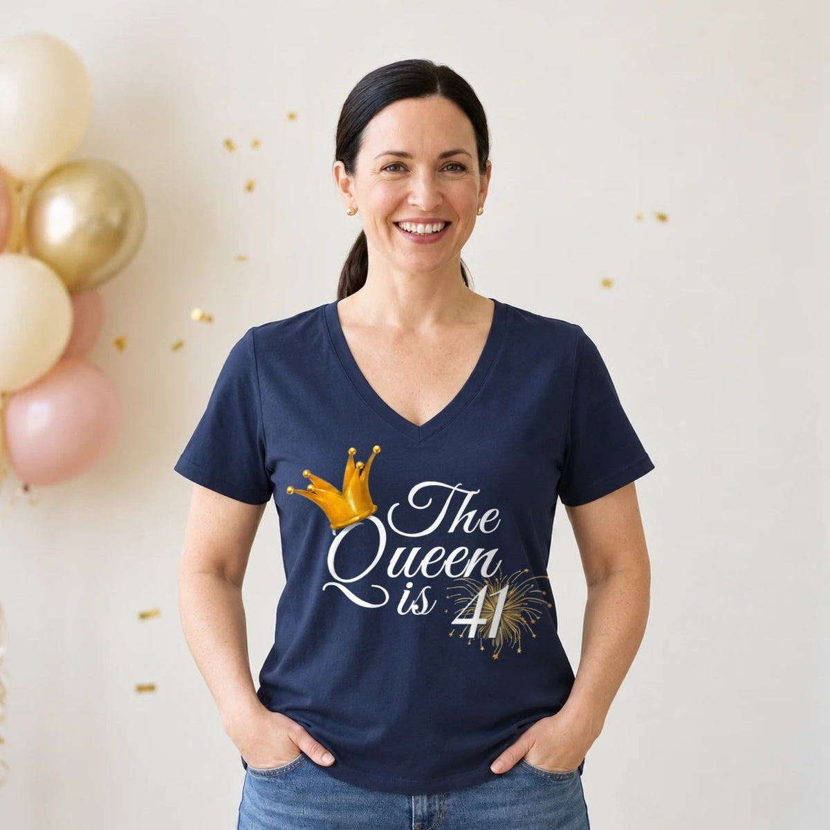 The Queen Is 41 - 41st Birthday Queen T-Shirt for Women - Navy Blue V-Neck