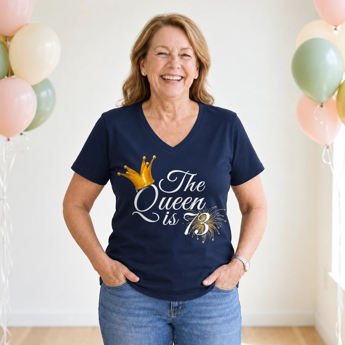 The Queen Is 73 - 73rd Birthday Queen T-Shirt for Women - Navy Blue V-Neck