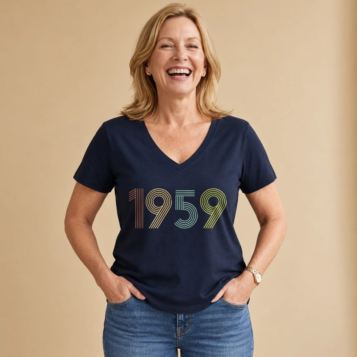 1959 Birth Year Shirt - Retro 67th Birthday T-Shirt for Women - Navy Blue V-Neck