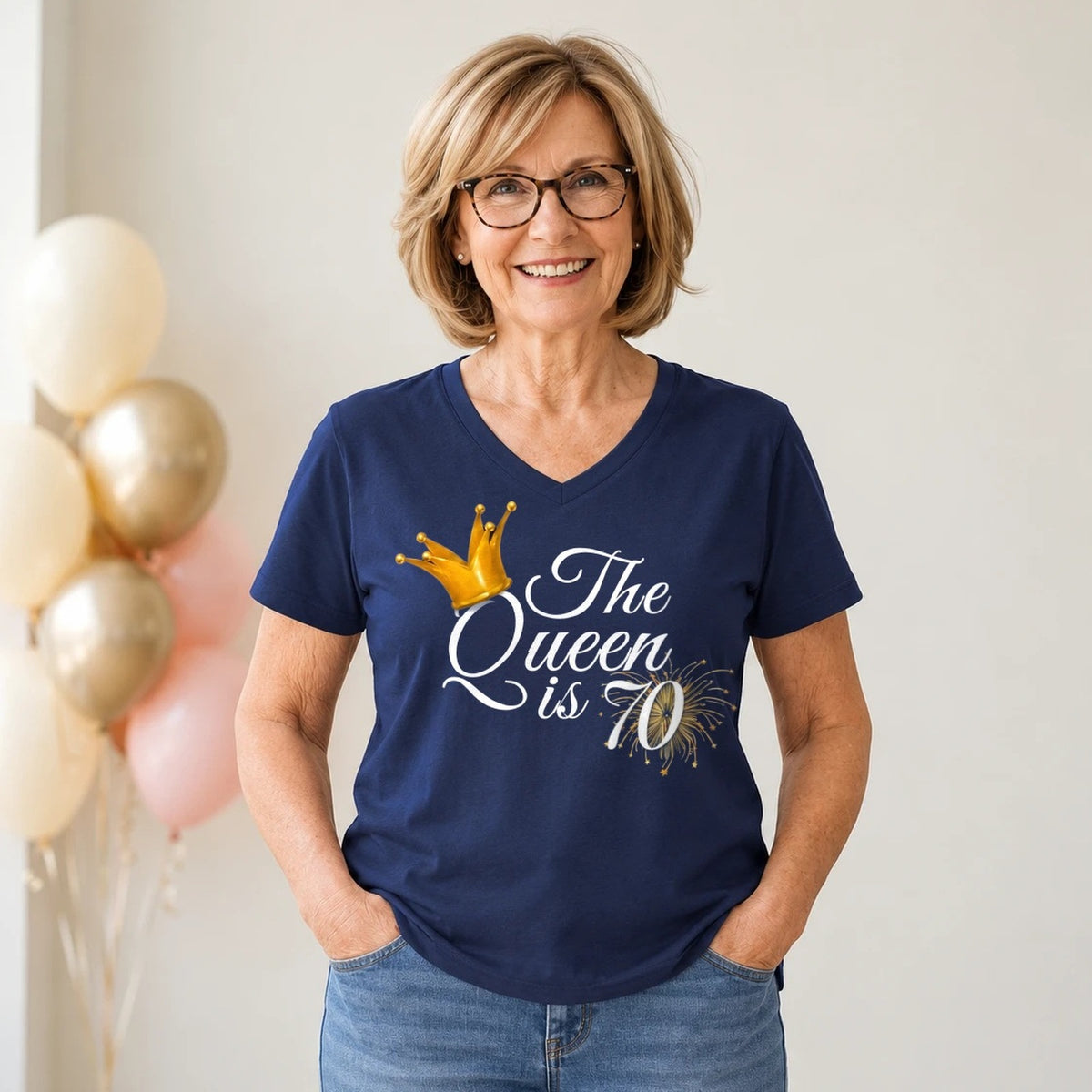 The Queen Is 70 - 70th Birthday Queen T-Shirt for Women - Navy Blue V-Neck
