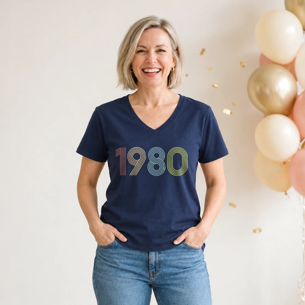 1980 Birth Year Shirt - Retro 46th Birthday T-Shirt for Women - Navy Blue V-Neck