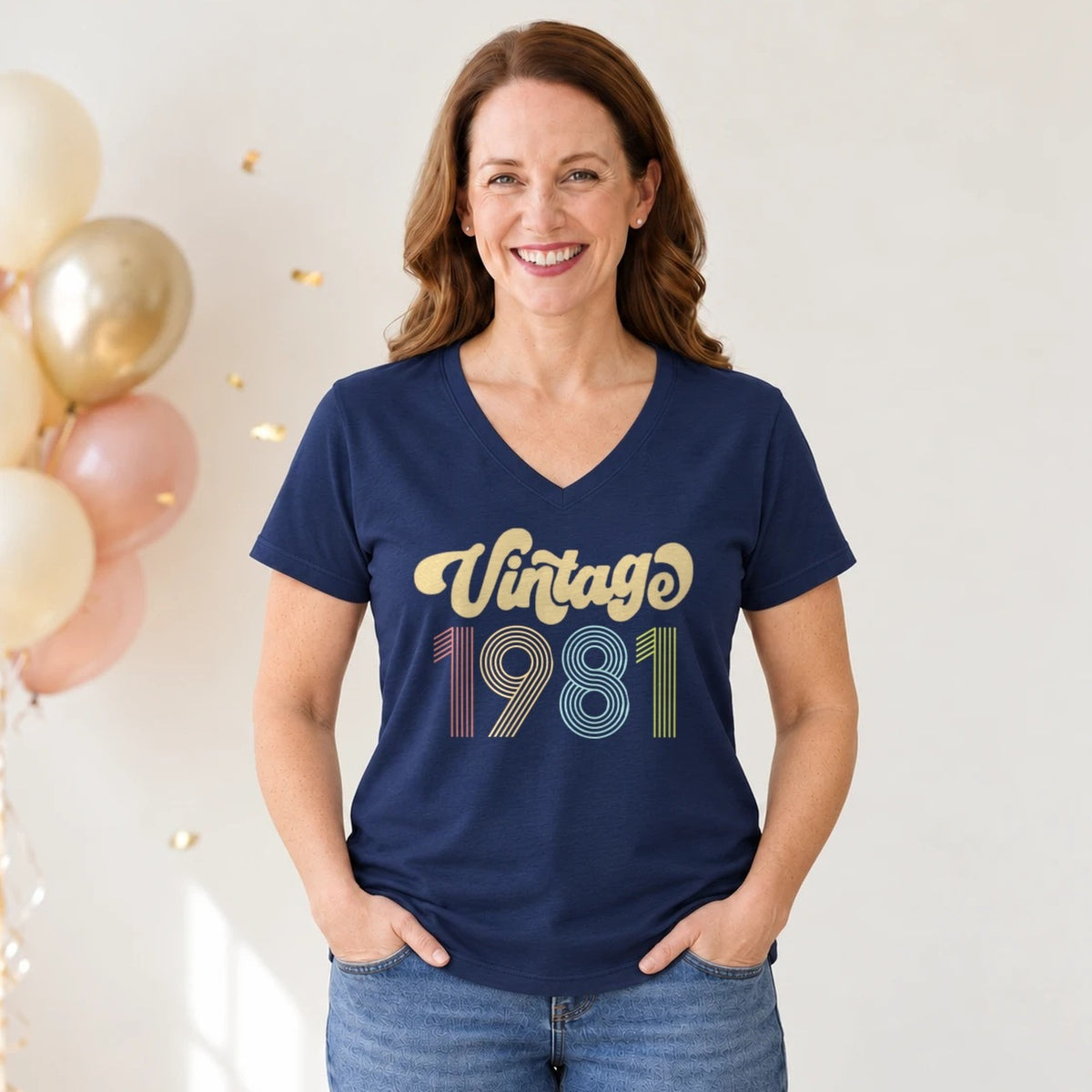 Vintage 1981 - Retro 45th Birthday T-Shirt for Women - Navy Blue V-Neck
