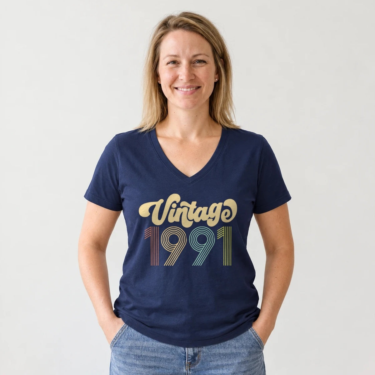 Vintage 1991 - Retro 35th Birthday T-Shirt for Women - Navy Blue V-Neck
