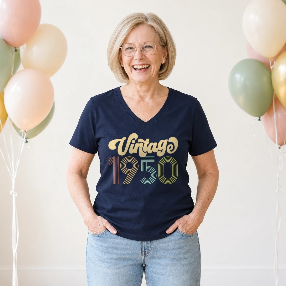 Vintage 1950 - Retro 76th Birthday T-Shirt for Women - Navy Blue V-Neck