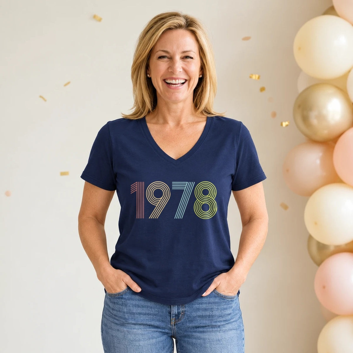 1978 Birth Year Shirt - Retro 48th Birthday T-Shirt for Women - Navy Blue V-Neck