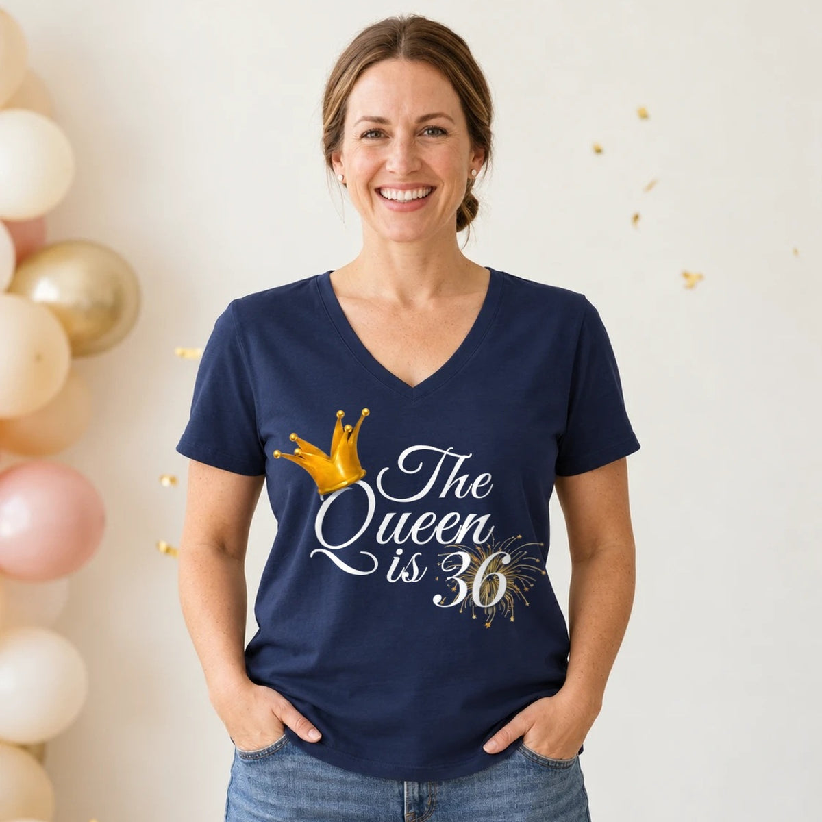 The Queen Is 36 - 36th Birthday Queen T-Shirt for Women - Navy Blue V-Neck