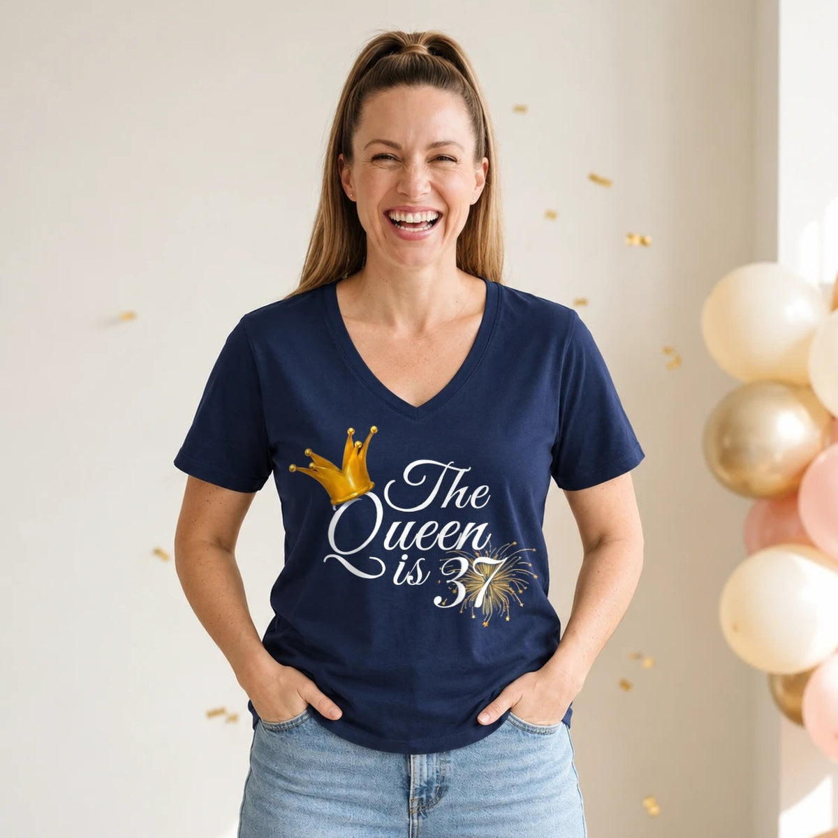 The Queen Is 37 - 37th Birthday Queen T-Shirt for Women - Navy Blue V-Neck