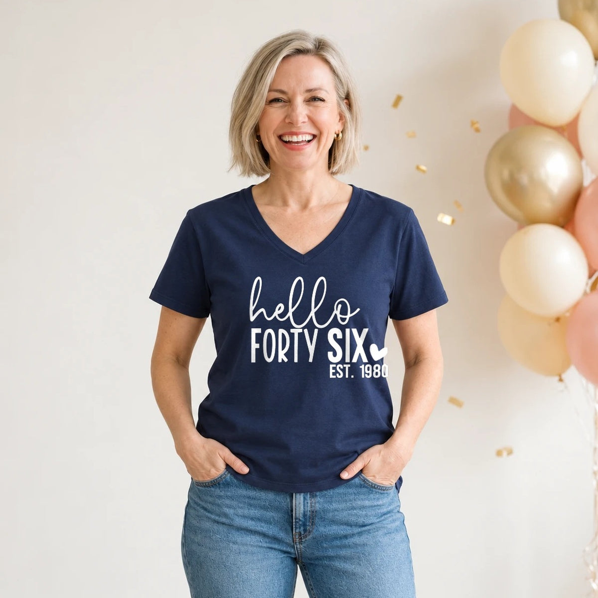 Hello Forty-Six 46th Birthday T-Shirt for Women - Est. 1980 - Navy Blue V-Neck