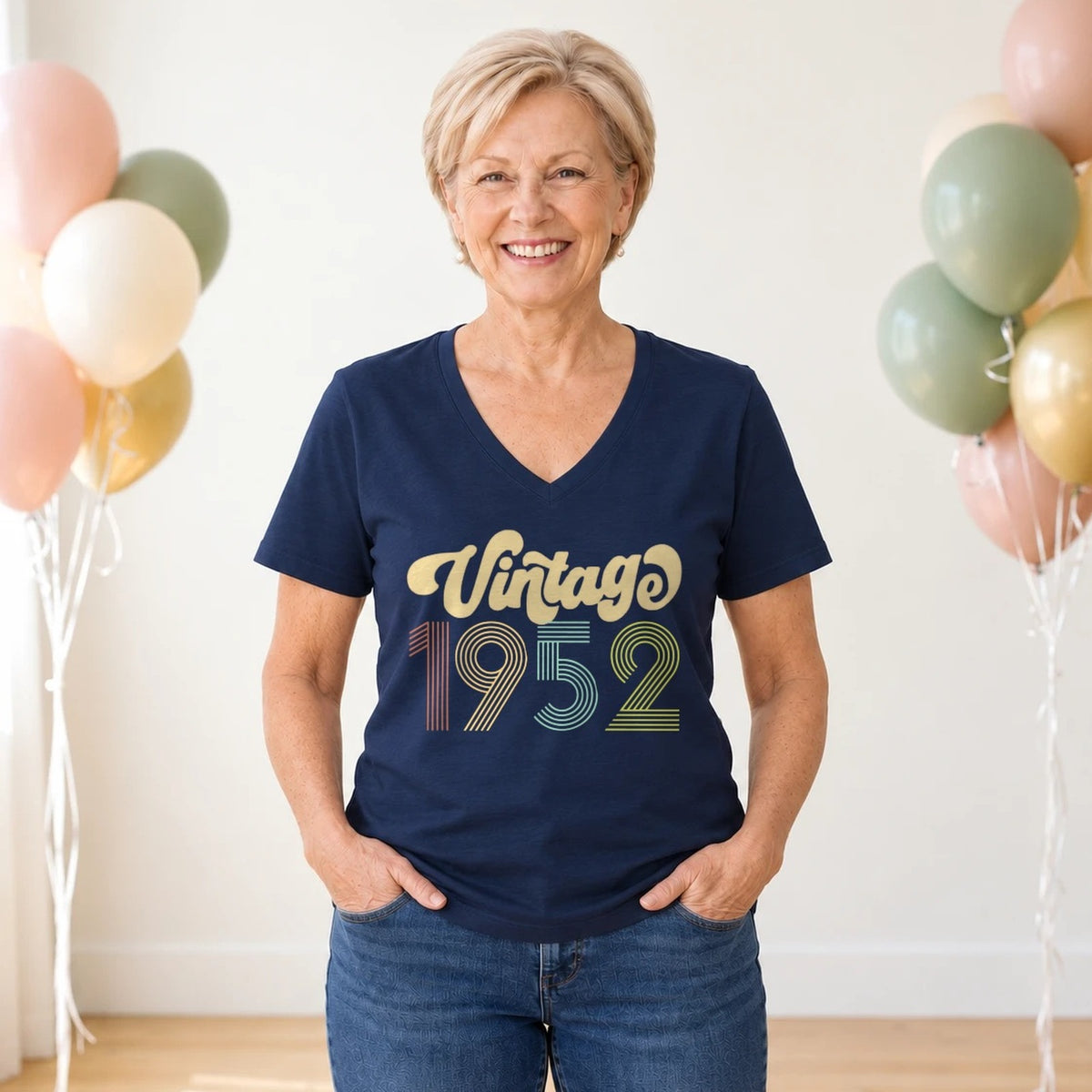 Vintage 1952 - Retro 74th Birthday T-Shirt for Women - Navy Blue V-Neck