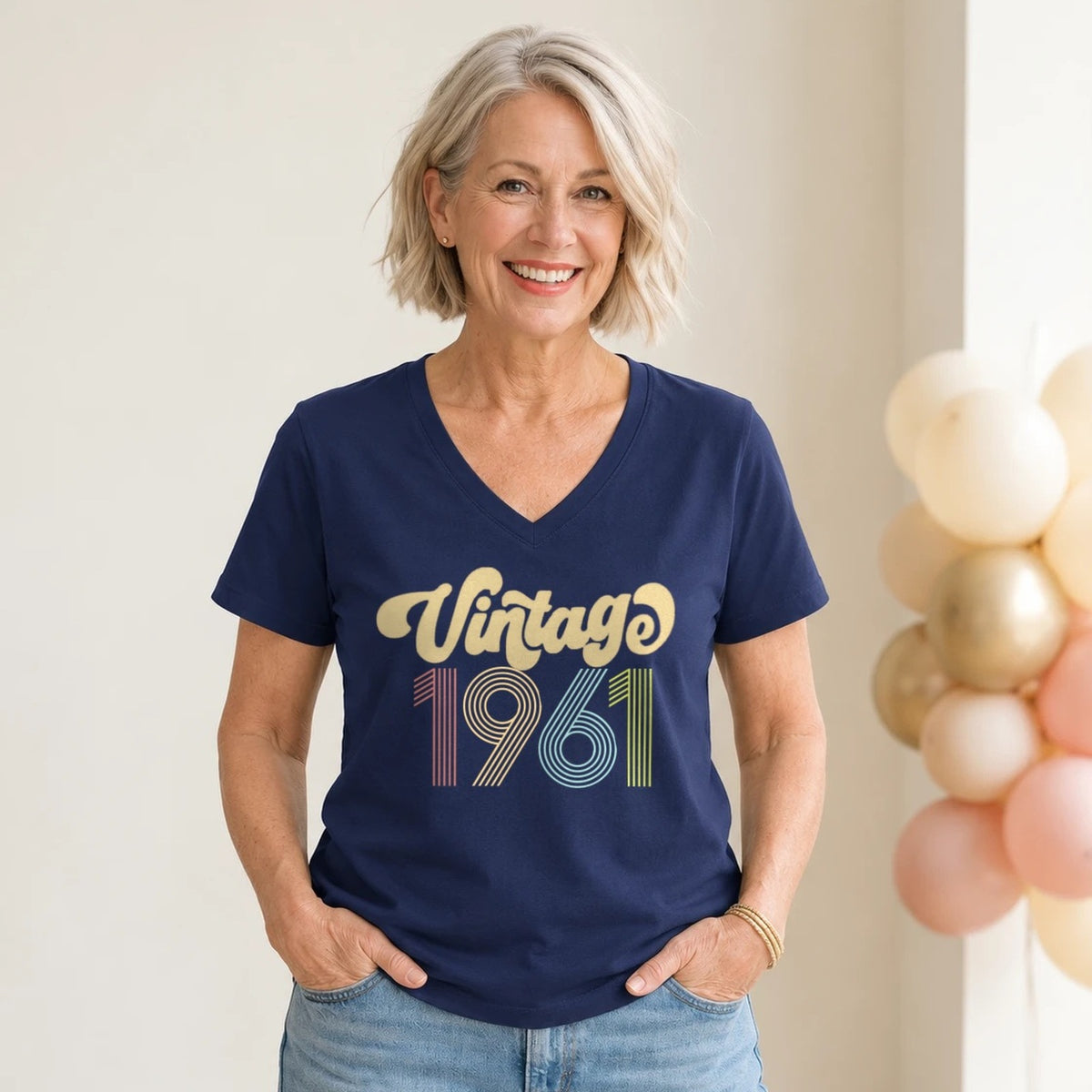 Vintage 1961 - Retro 65th Birthday T-Shirt for Women - Navy Blue V-Neck