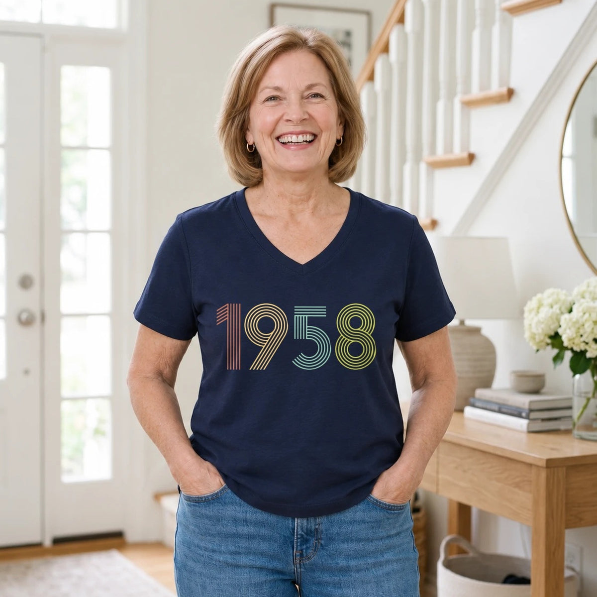 1958 Birth Year Shirt - Retro 68th Birthday T-Shirt for Women - Navy Blue V-Neck