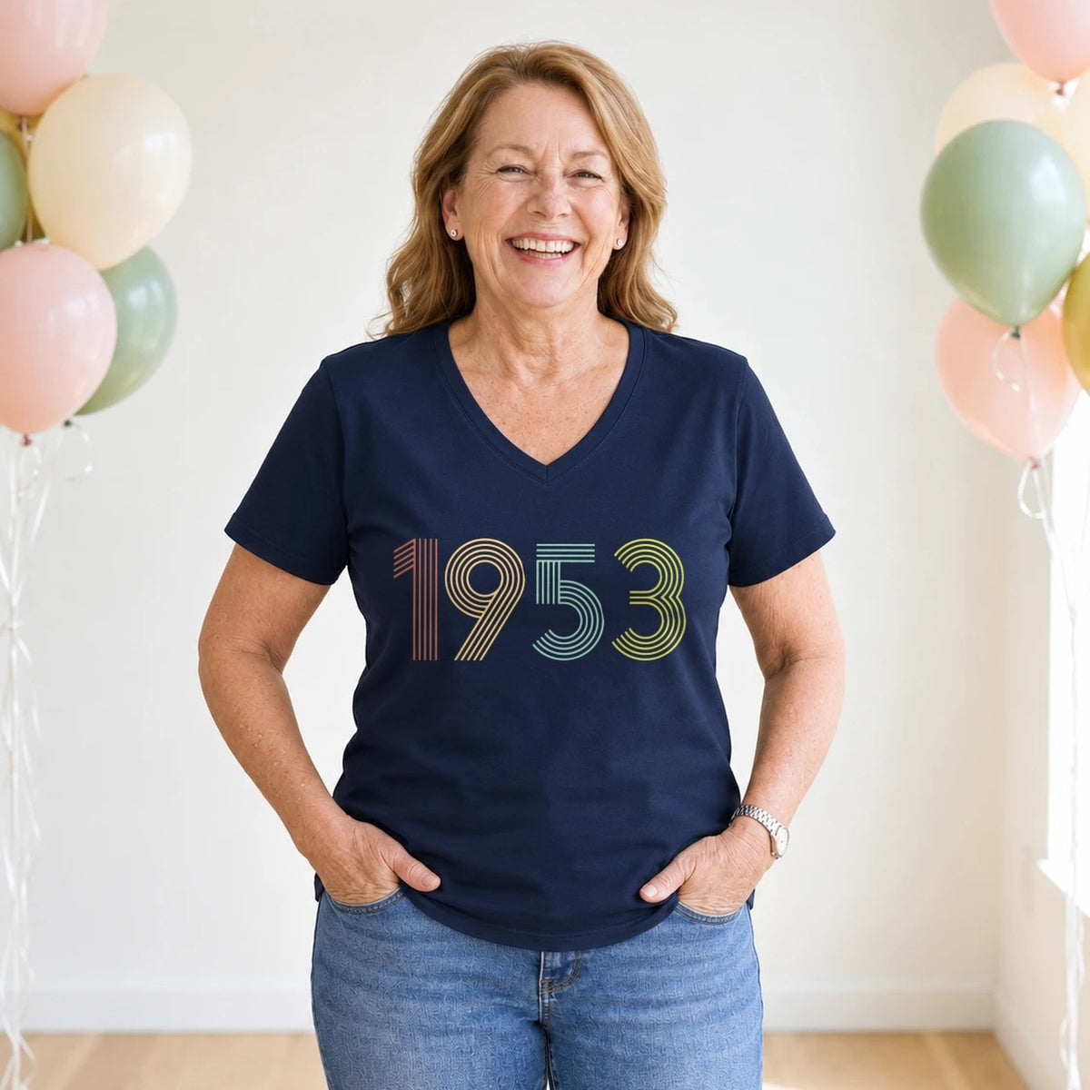 1953 Birth Year Shirt - Retro 73rd Birthday T-Shirt for Women - Navy Blue V-Neck