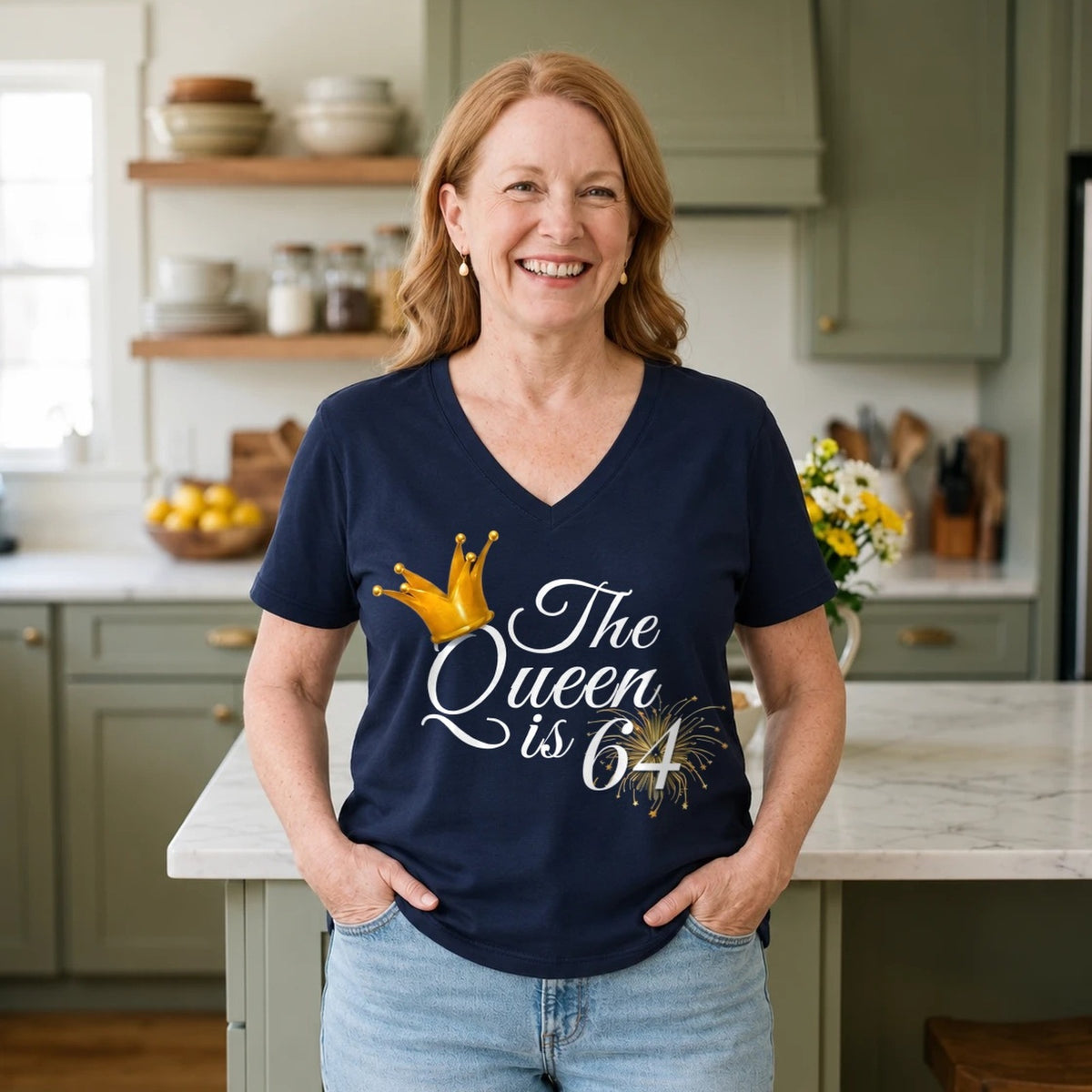 The Queen Is 64 - 64th Birthday Queen T-Shirt for Women - Navy Blue V-Neck