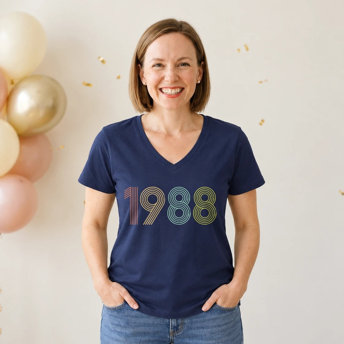 1988 Birth Year Shirt - Retro 38th Birthday T-Shirt for Women - Navy Blue V-Neck