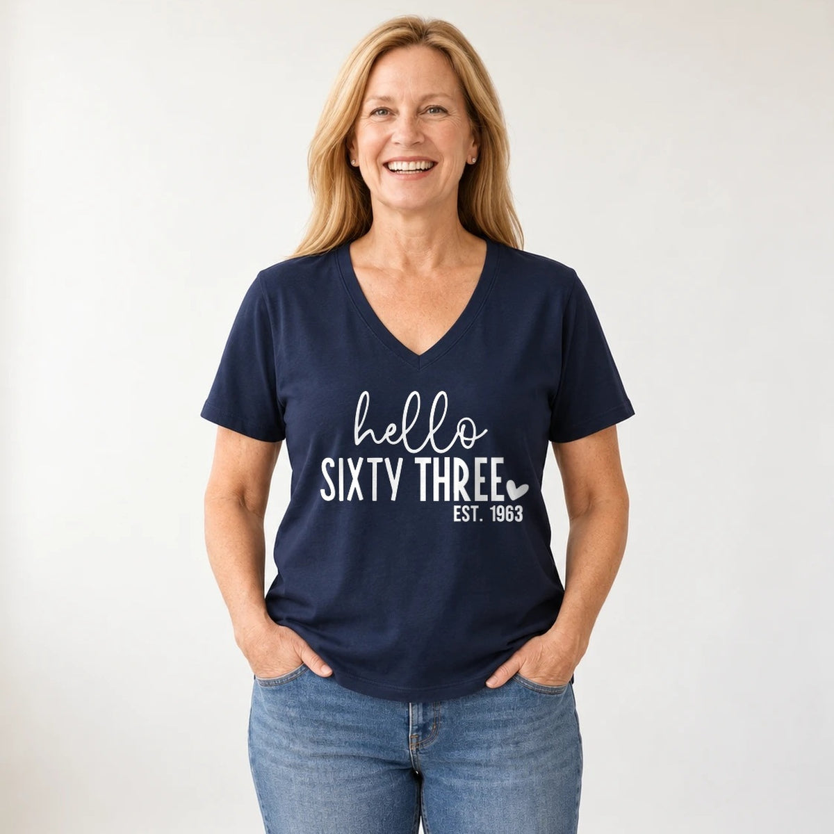 Hello Sixty-Three 63rd Birthday T-Shirt for Women - Est. 1963 - Navy Blue V-Neck