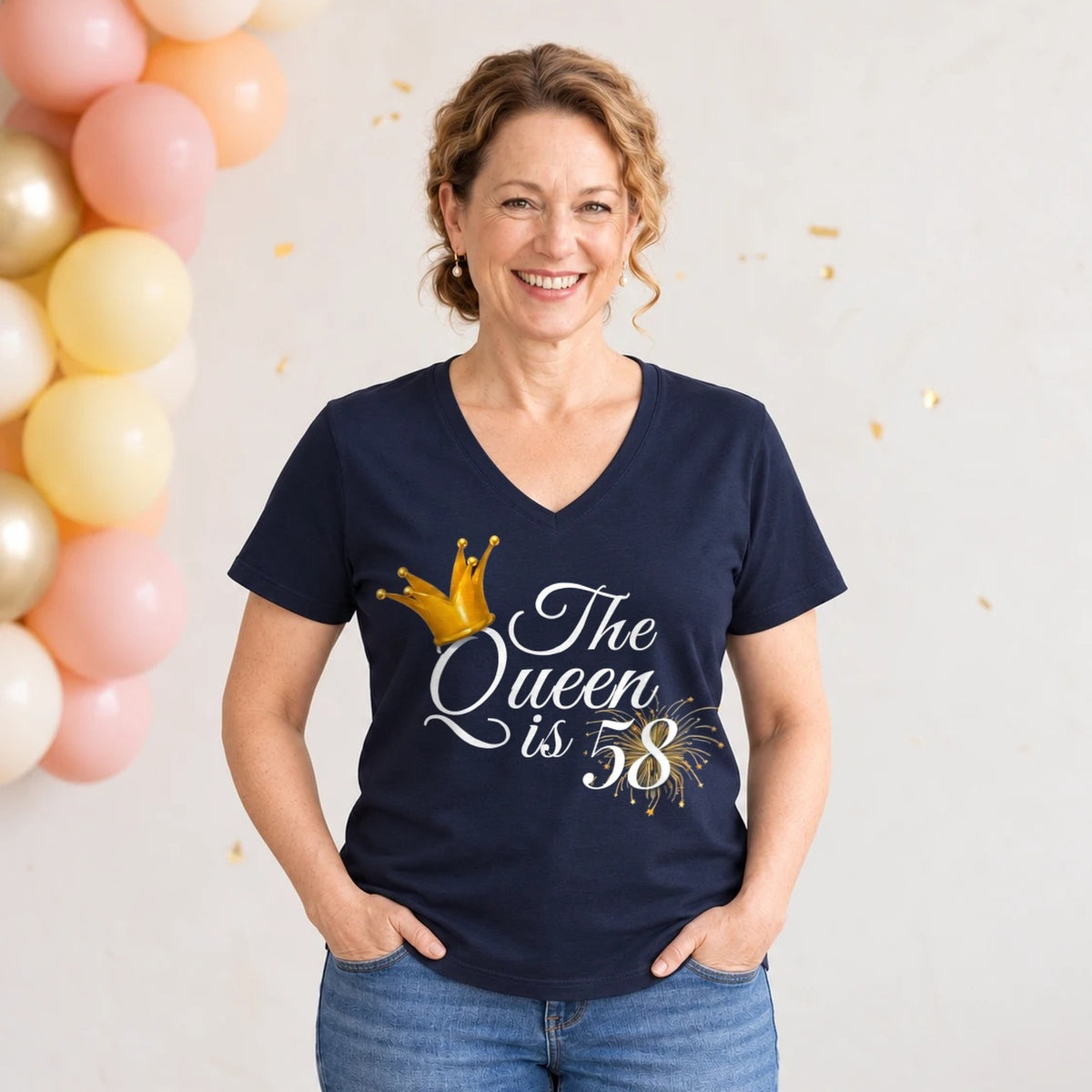 The Queen Is 58 - 58th Birthday Queen T-Shirt for Women - Navy Blue V-Neck