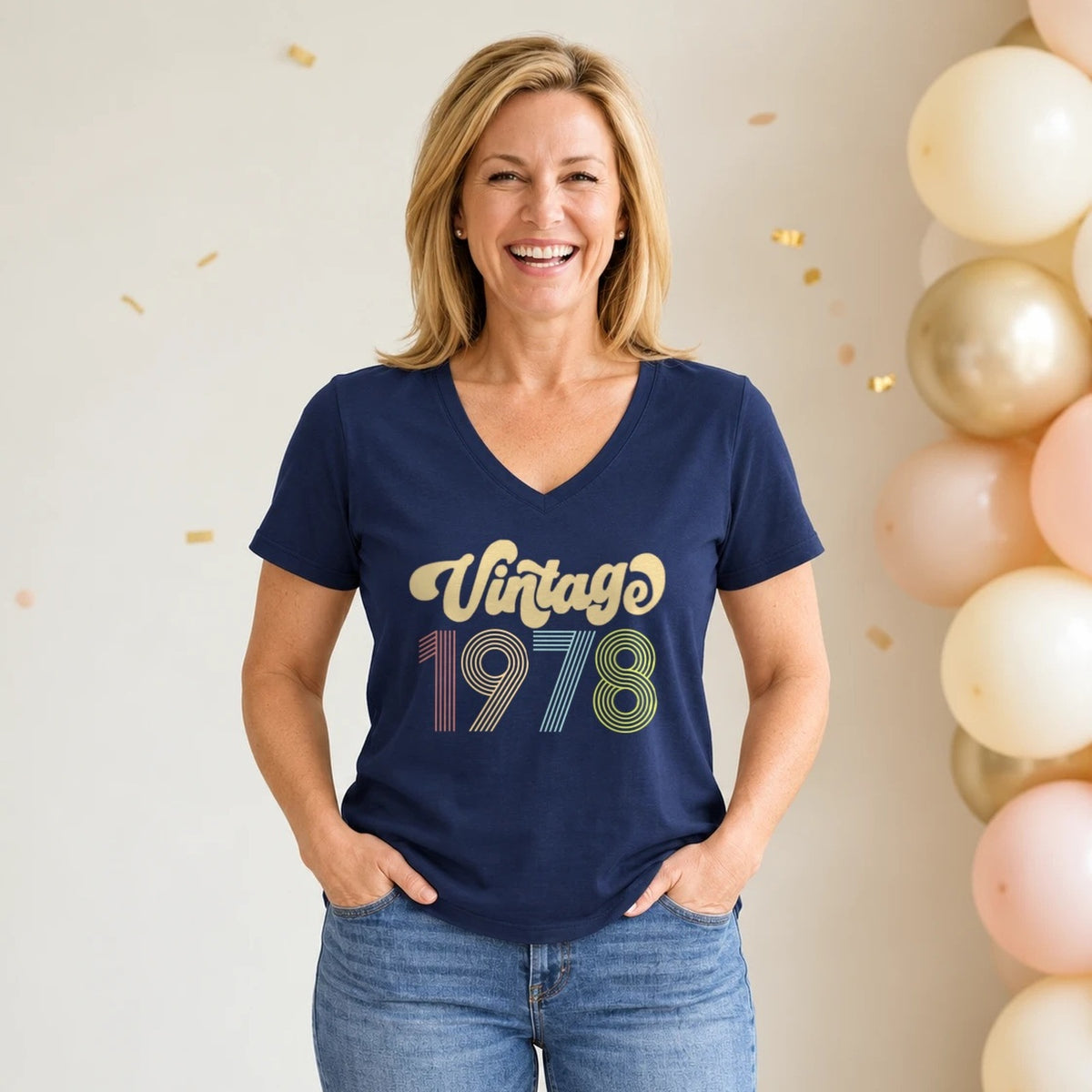 Vintage 1978 - Retro 48th Birthday T-Shirt for Women - Navy Blue V-Neck