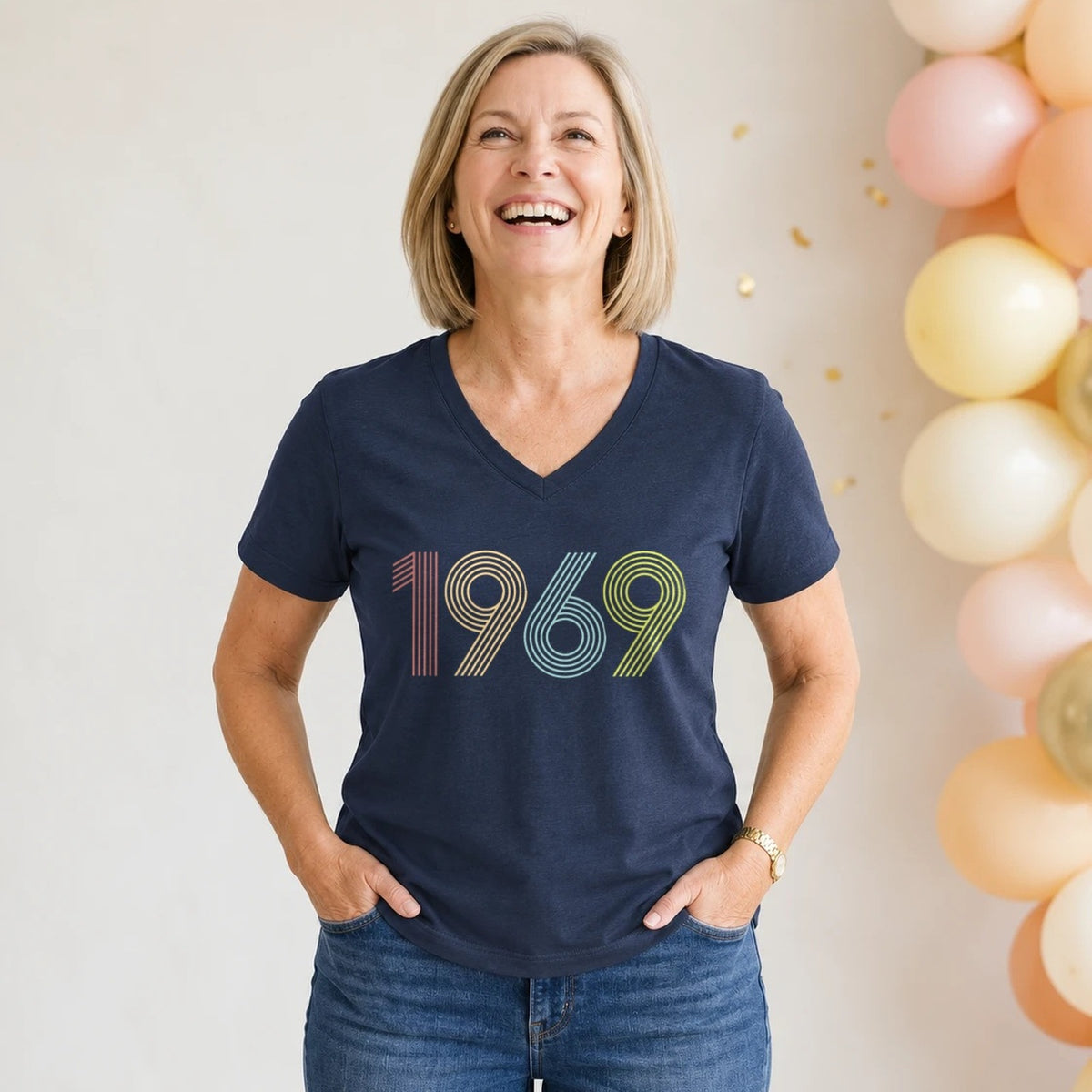 1969 Birth Year Shirt - Retro 57th Birthday T-Shirt for Women - Navy Blue V-Neck
