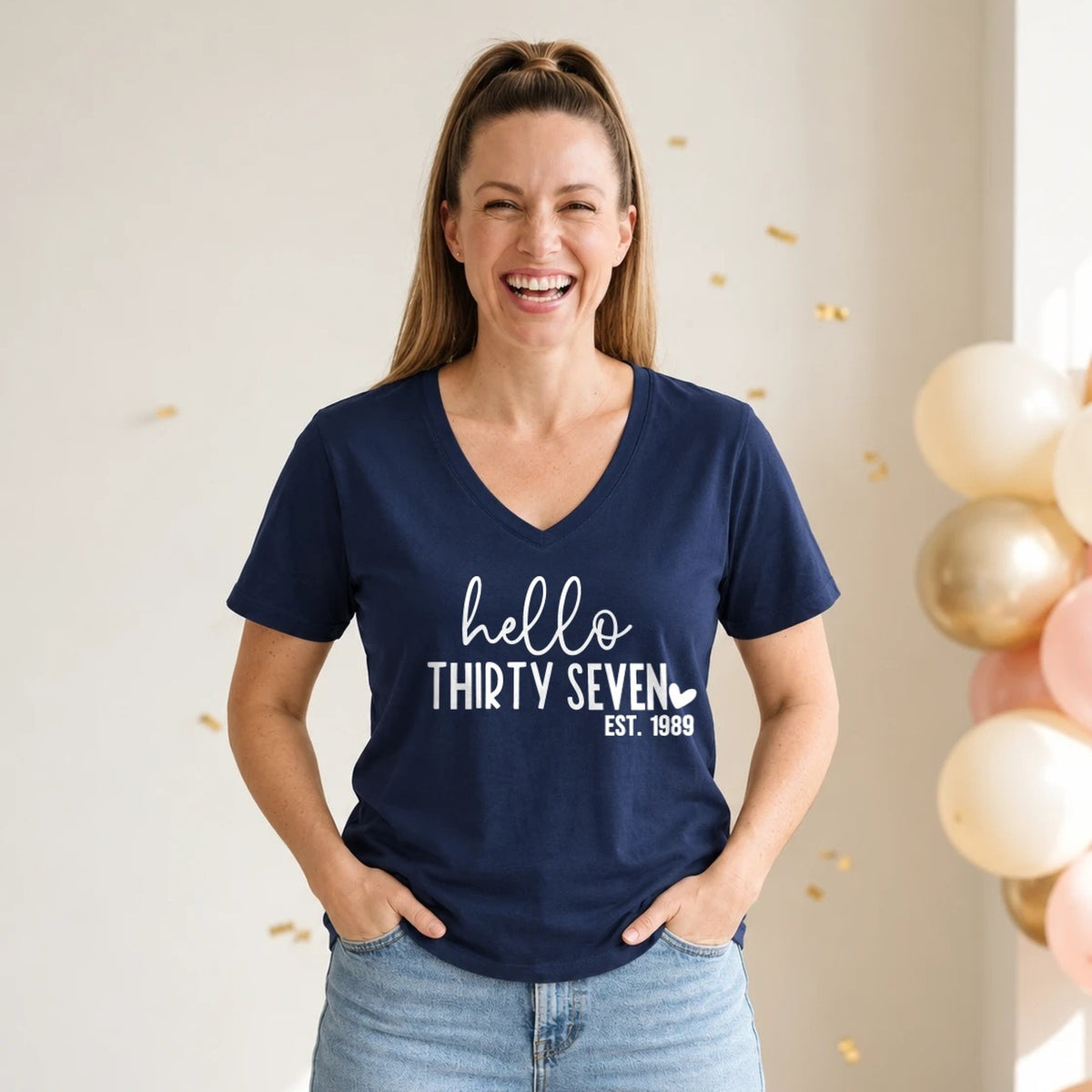 Hello Thirty-Seven 37th Birthday T-Shirt for Women - Est. 1989 - Navy Blue V-Neck