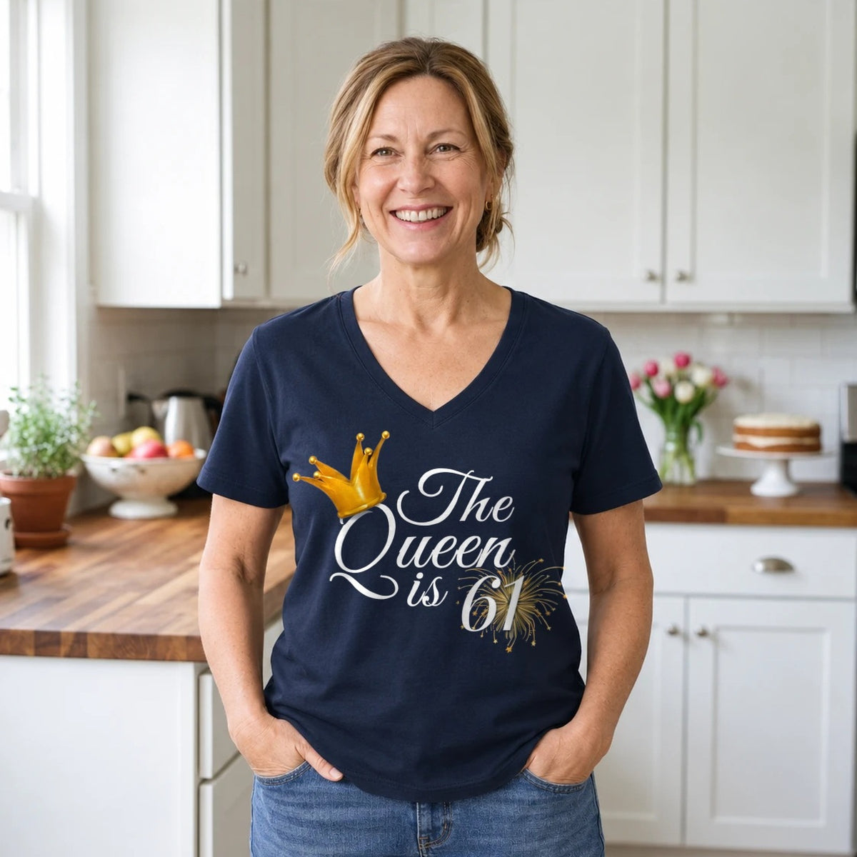 The Queen Is 61 - 61st Birthday Queen T-Shirt for Women - Navy Blue V-Neck