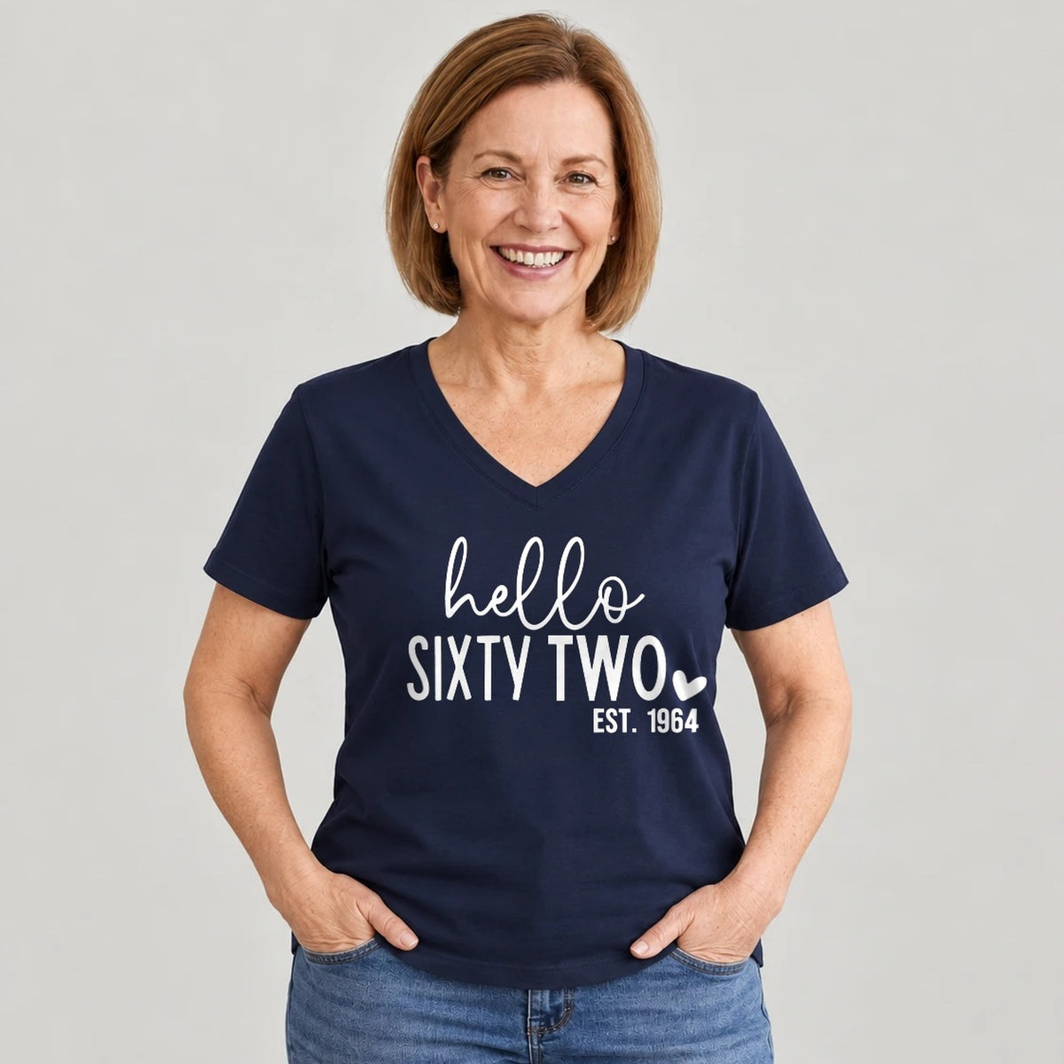 Hello Sixty-Two 62nd Birthday T-Shirt for Women - Est. 1964 - Navy Blue V-Neck