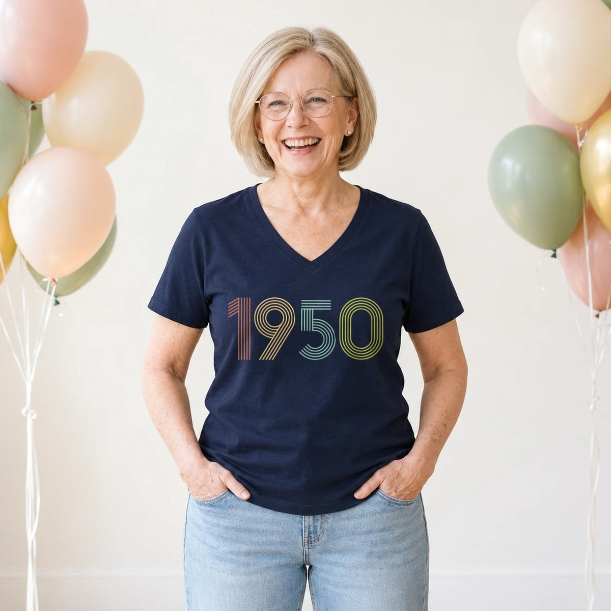 1950 Birth Year Shirt - Retro 76th Birthday T-Shirt for Women - Navy Blue V-Neck