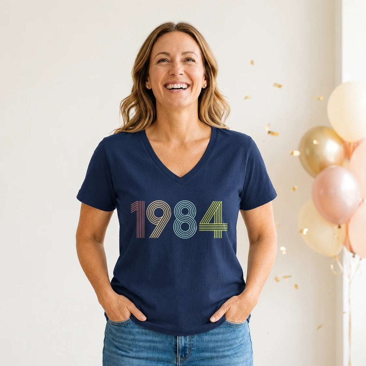 1984 Birth Year Shirt - Retro 42nd Birthday T-Shirt for Women - Navy Blue V-Neck
