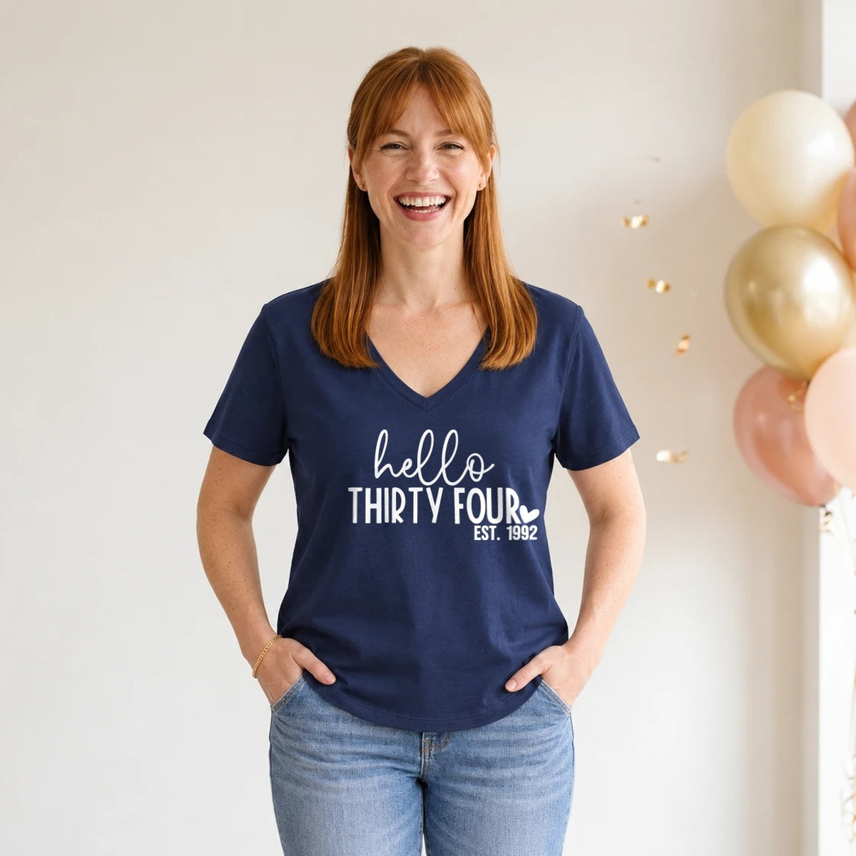 Hello Thirty-Four 34th Birthday T-Shirt for Women - Est. 1992 - Navy Blue V-Neck