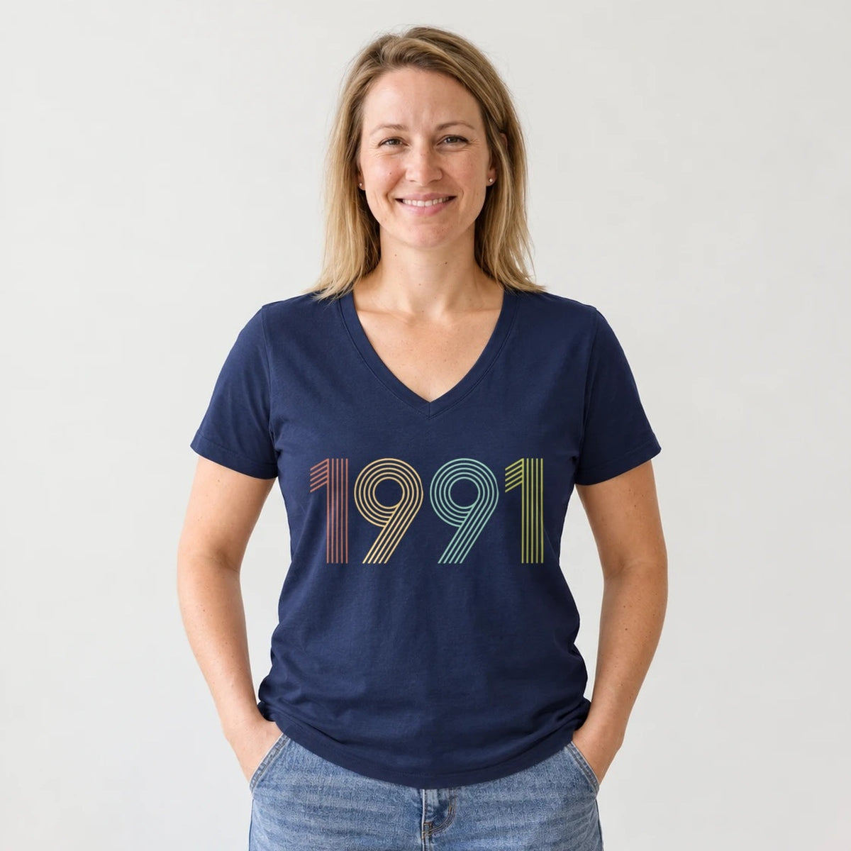 1991 Birth Year Shirt - Retro 35th Birthday T-Shirt for Women - Navy Blue V-Neck
