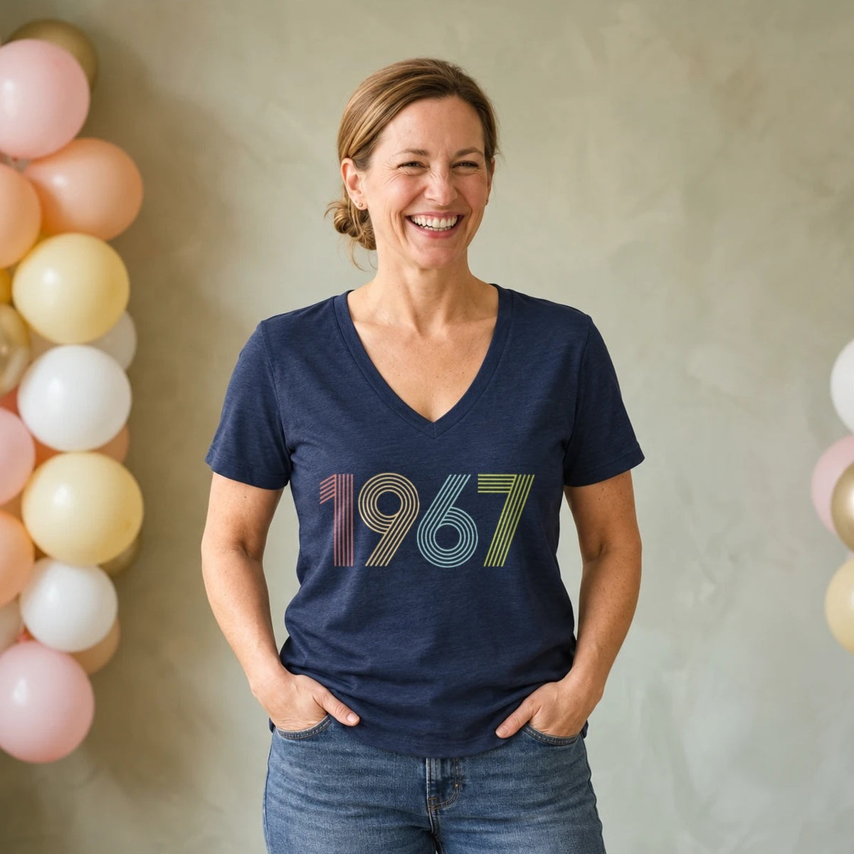 1967 Birth Year Shirt - Retro 59th Birthday T-Shirt for Women - Navy Blue V-Neck