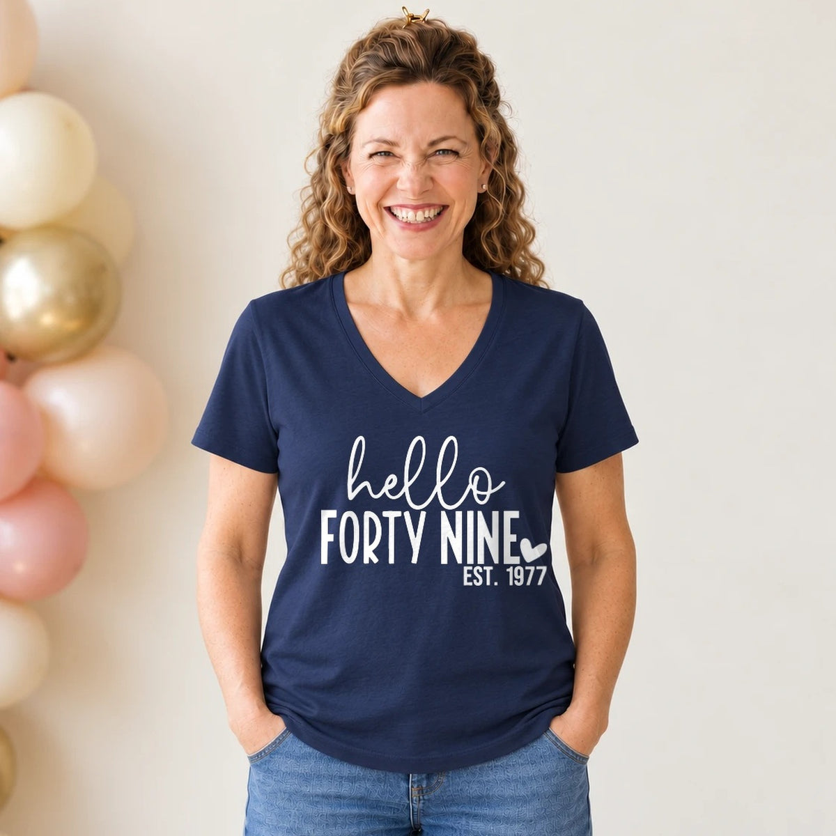 Hello Forty-Nine 49th Birthday T-Shirt for Women - Est. 1977 - Navy Blue V-Neck