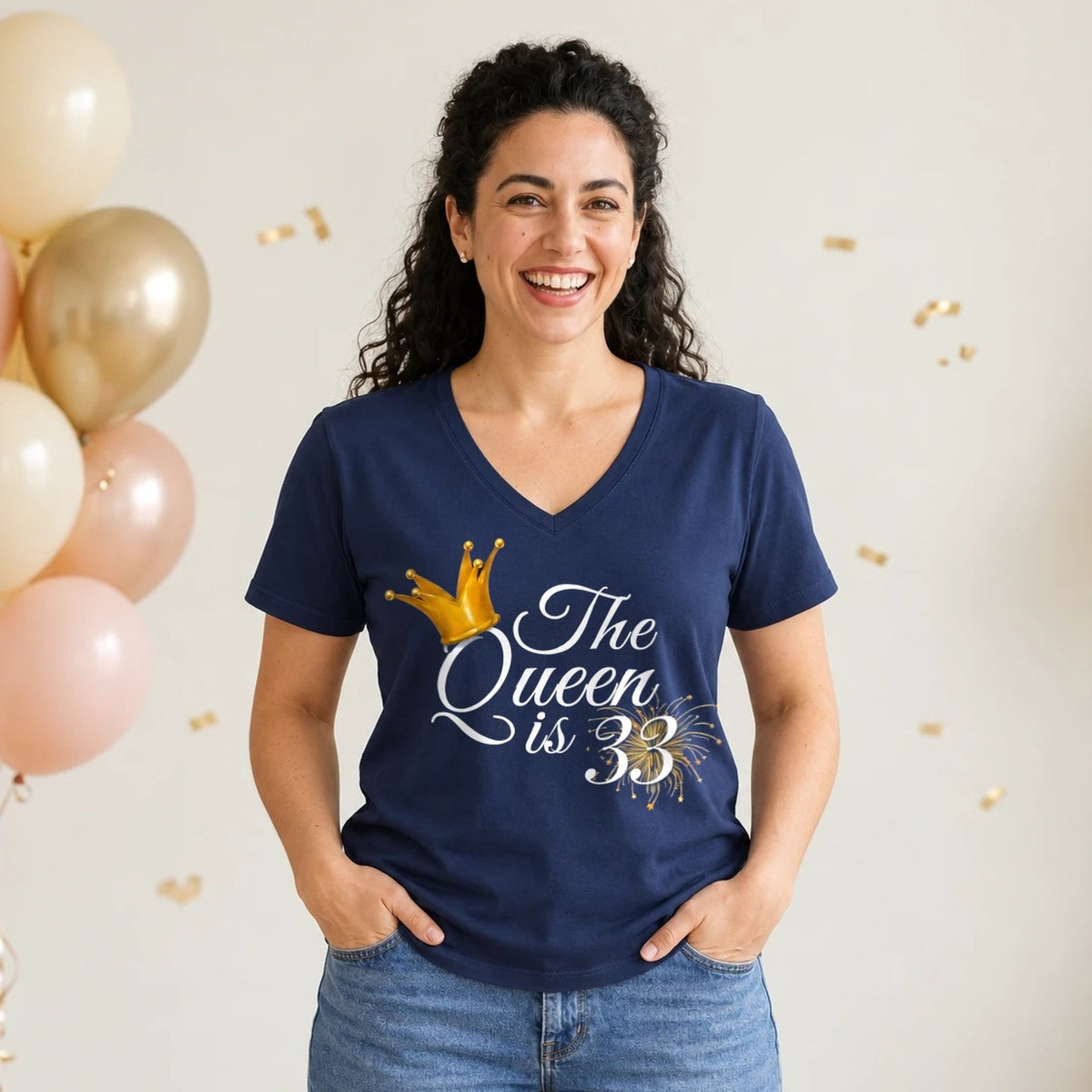 The Queen Is 33 - 33rd Birthday Queen T-Shirt for Women - Navy Blue V-Neck
