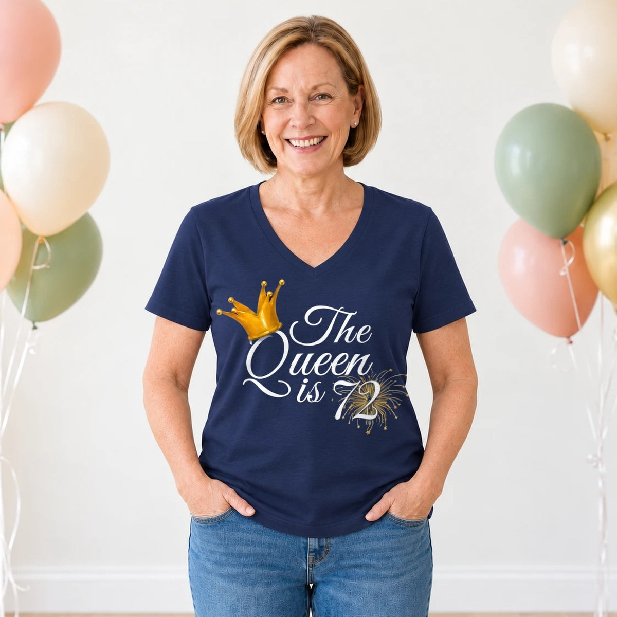 The Queen Is 72 - 72nd Birthday Queen T-Shirt for Women - Navy Blue V-Neck