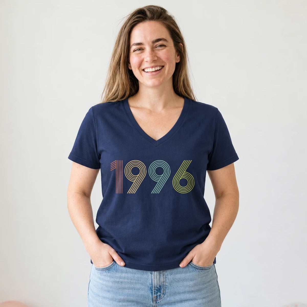 1996 Birth Year Shirt - Retro 30th Birthday T-Shirt for Women - Navy Blue V-Neck
