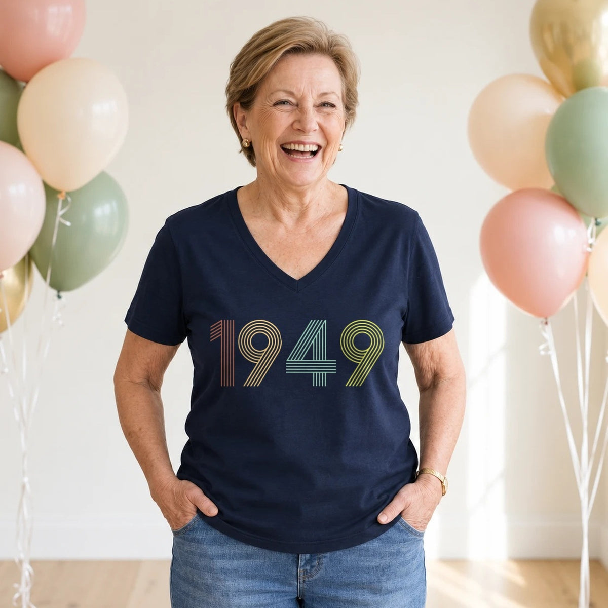 1949 Birth Year Shirt - Retro 77th Birthday T-Shirt for Women - Navy Blue V-Neck