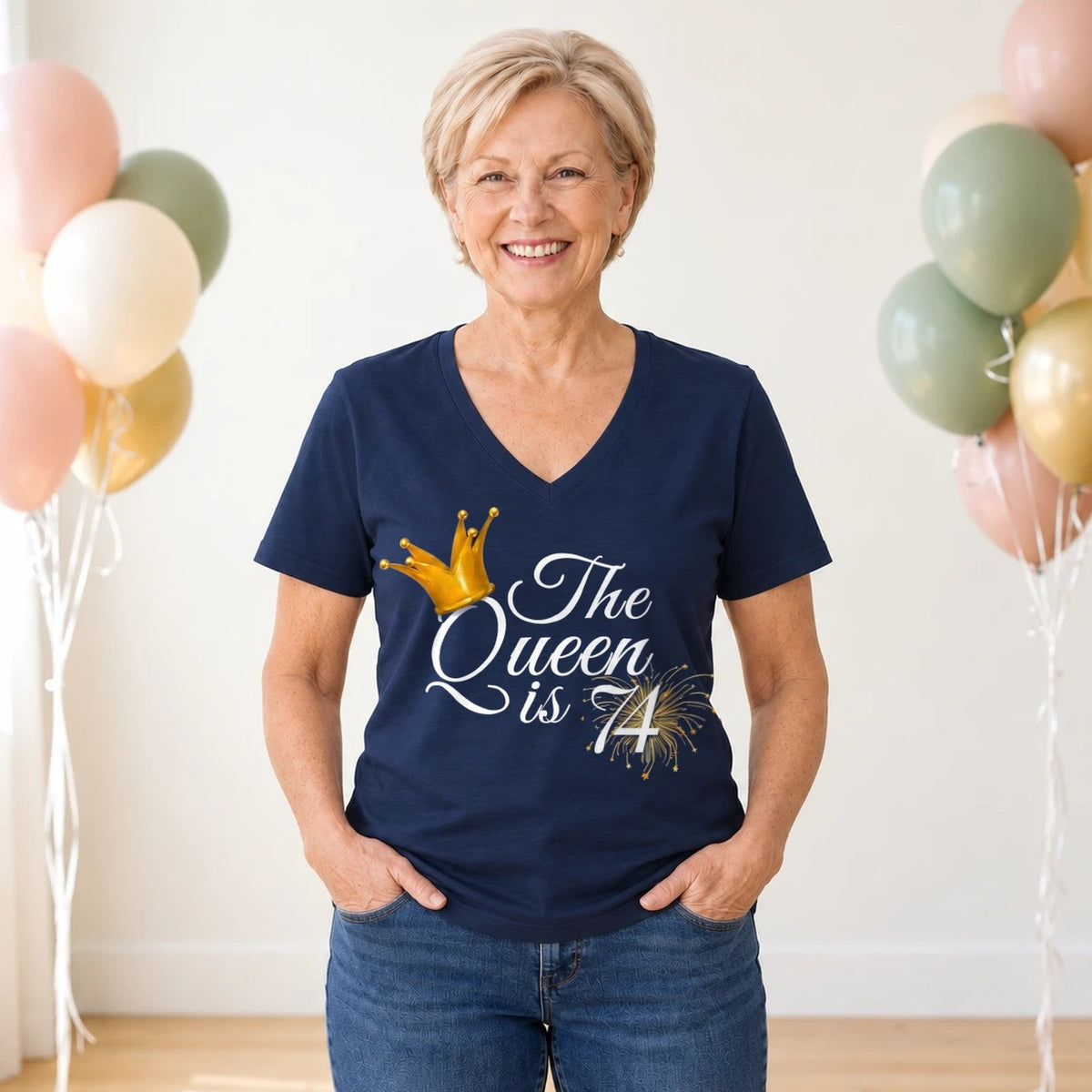 The Queen Is 74 - 74th Birthday Queen T-Shirt for Women - Navy Blue V-Neck