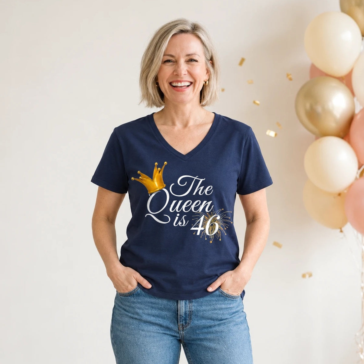 The Queen Is 46 - 46th Birthday Queen T-Shirt for Women - Navy Blue V-Neck