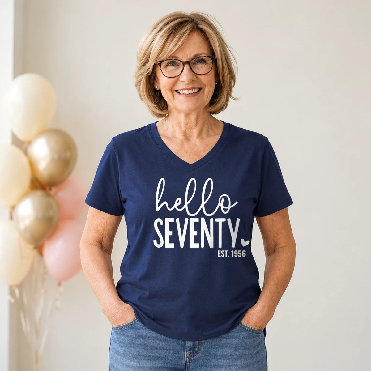 Hello Seventy 70th Birthday T-Shirt for Women - Est. 1956 - Navy Blue V-Neck