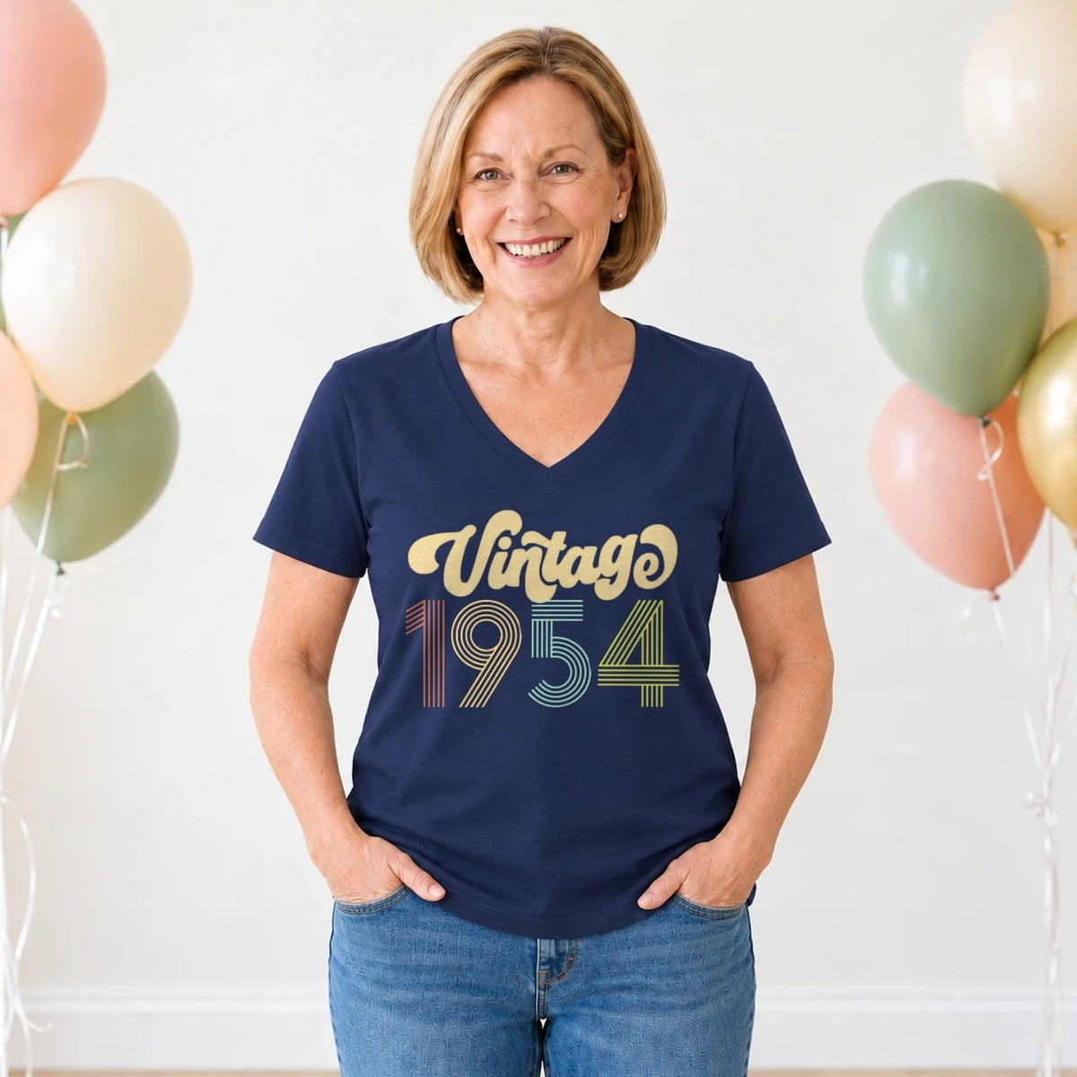 Vintage 1954 - Retro 72nd Birthday T-Shirt for Women - Navy Blue V-Neck