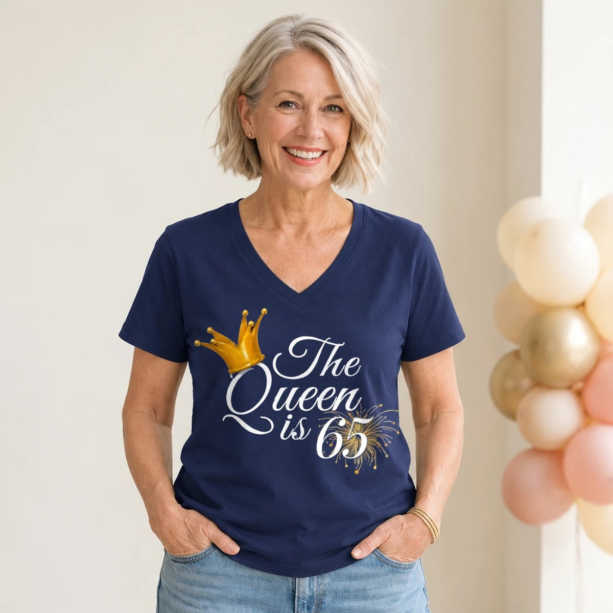 The Queen Is 65 - 65th Birthday Queen T-Shirt for Women - Navy Blue V-Neck