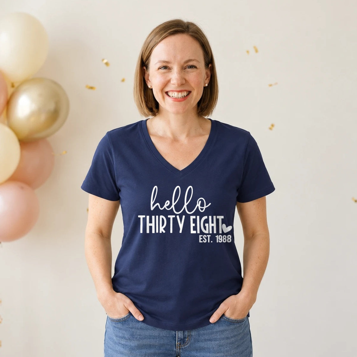 Hello Thirty-Eight 38th Birthday T-Shirt for Women - Est. 1988 - Navy Blue V-Neck