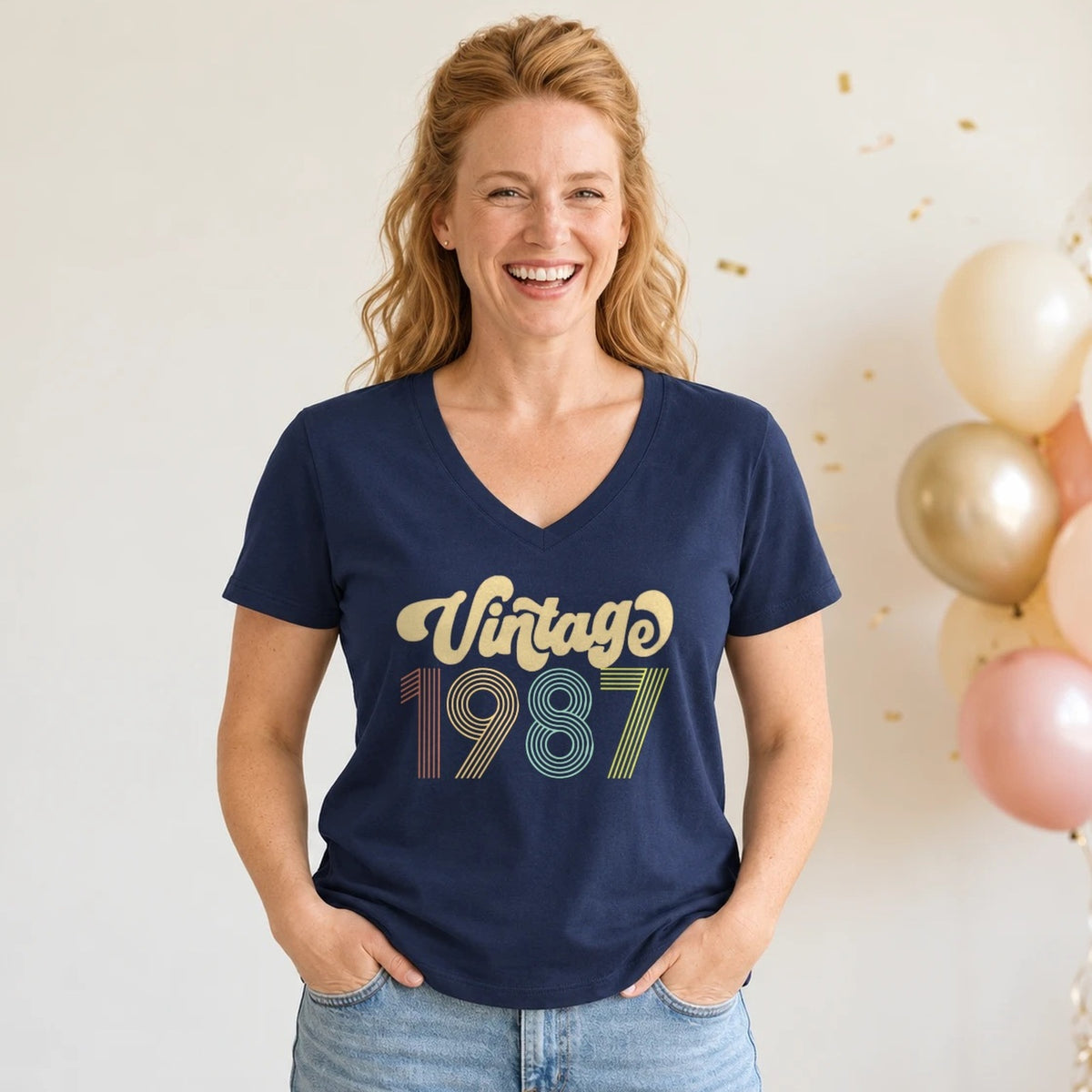 Vintage 1987 - Retro 39th Birthday T-Shirt for Women - Navy Blue V-Neck