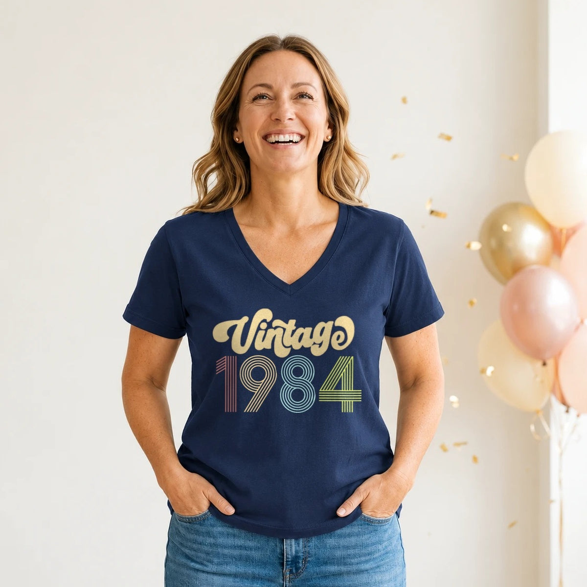 Vintage 1984 - Retro 42nd Birthday T-Shirt for Women - Navy Blue V-Neck