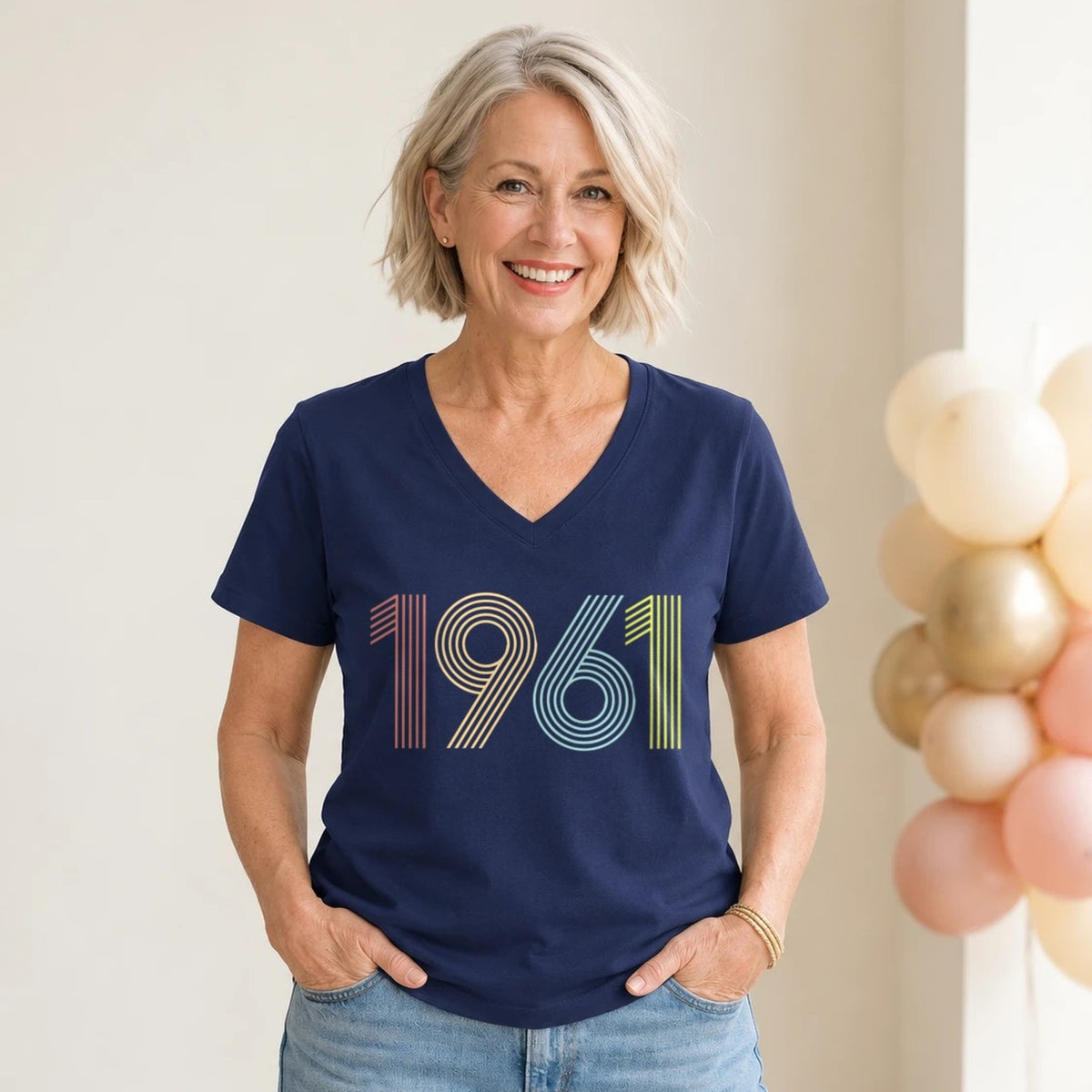 1961 Birth Year Shirt - Retro 65th Birthday T-Shirt for Women - Navy Blue V-Neck