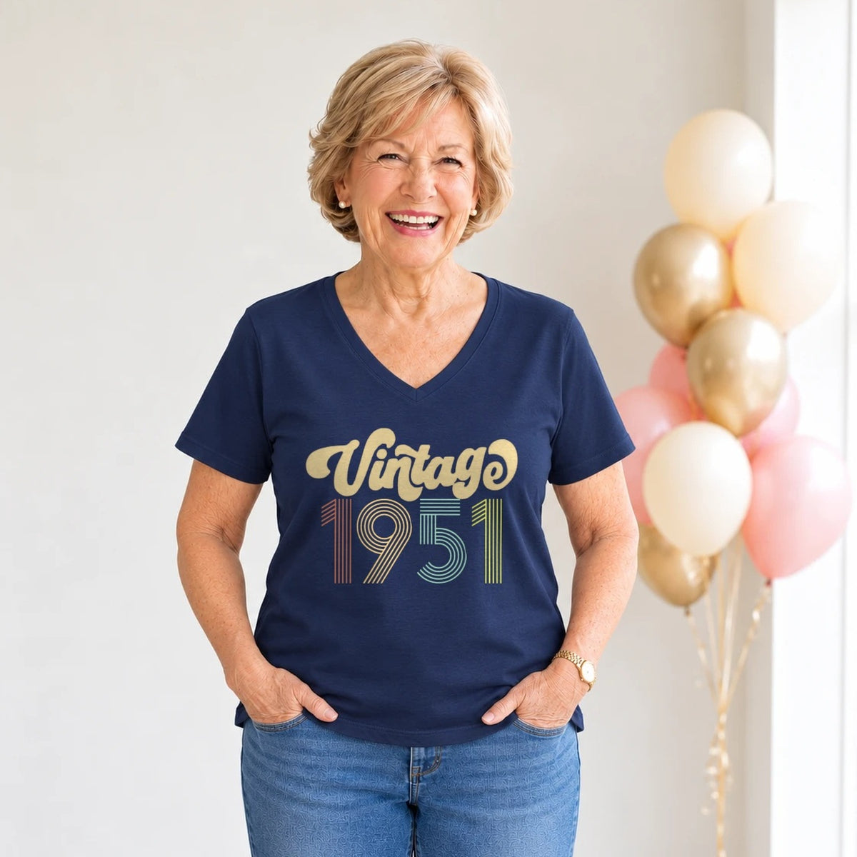 Vintage 1951 - Retro 75th Birthday T-Shirt for Women - Navy Blue V-Neck
