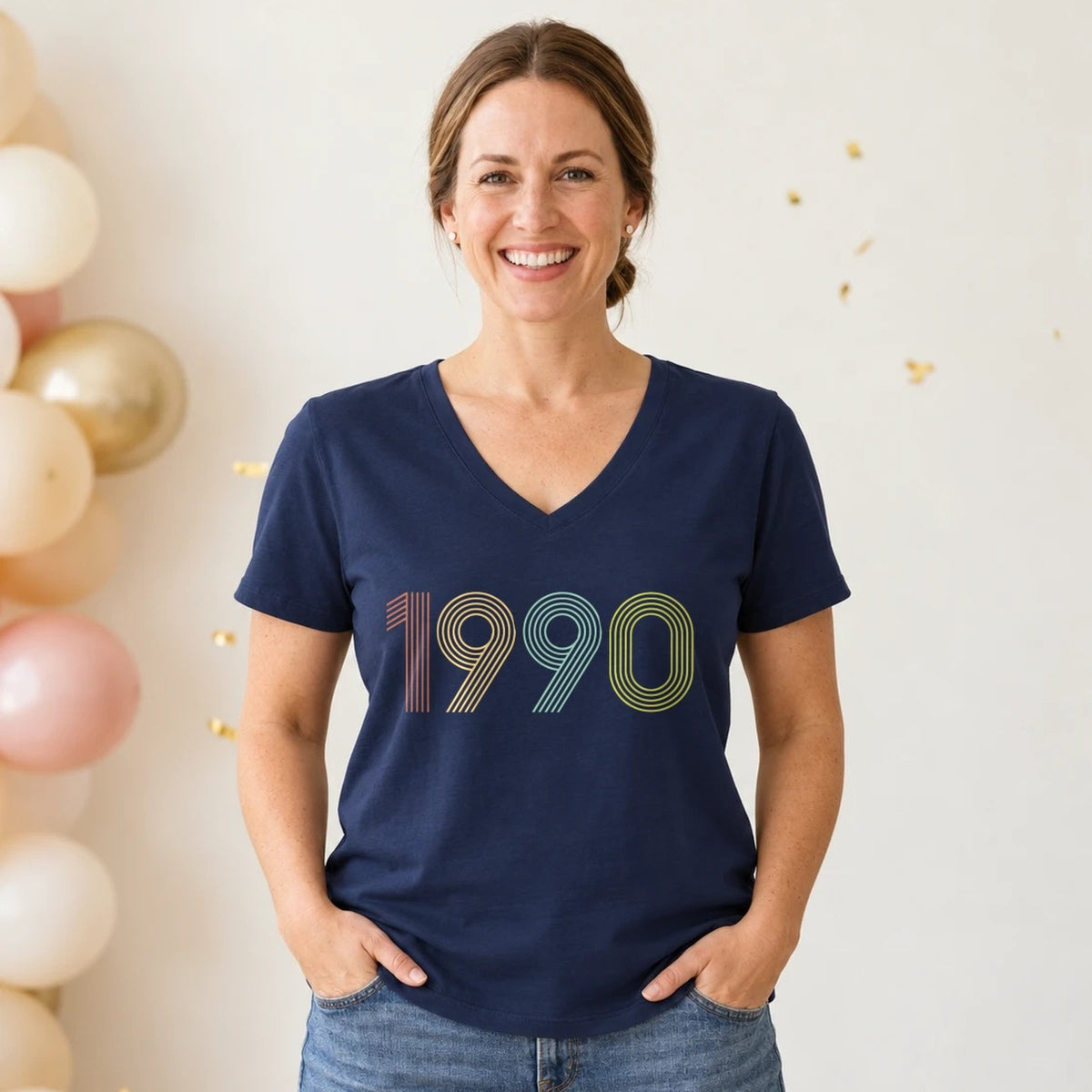 1990 Birth Year Shirt - Retro 36th Birthday T-Shirt for Women - Navy Blue V-Neck